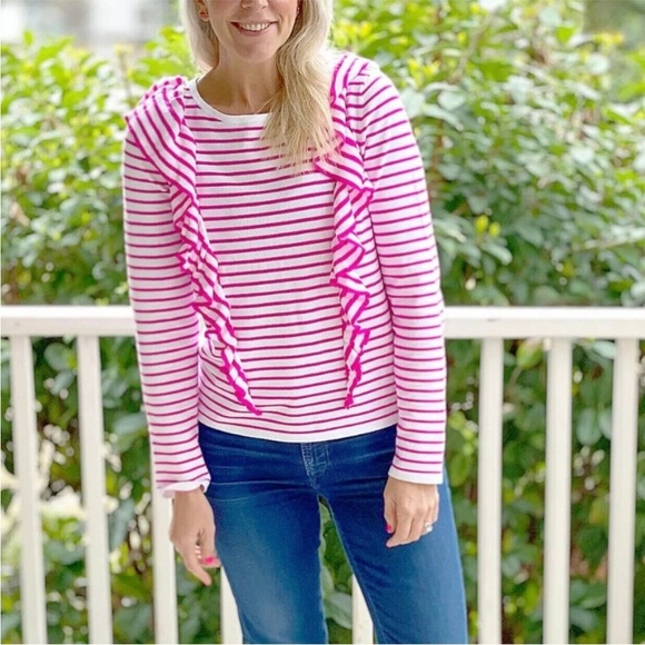 Lilly Pulitzer Sweaters - Lilly Pulitzer Ruth Striped Ruffle Sweater Beach Stripe Pink Tango Sz L
